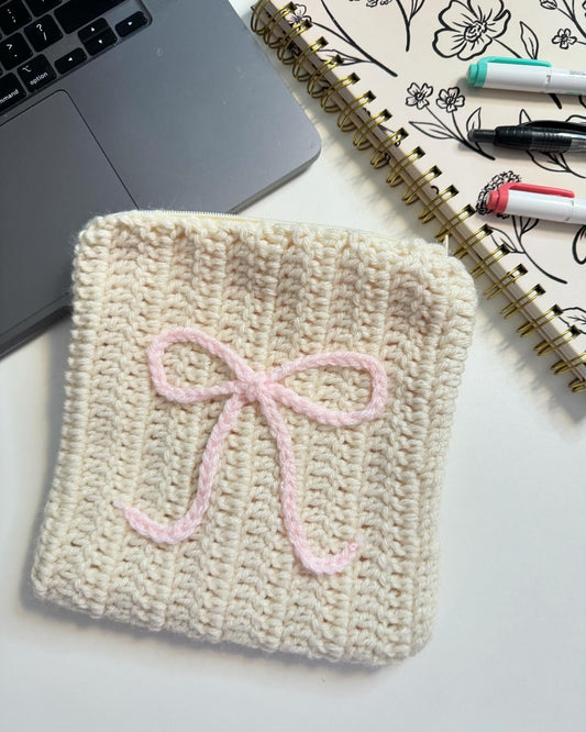 Pink Bow Crochet Zipper Pouch