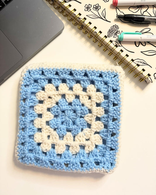 Cream & Blue Crochet Zipper Pouch