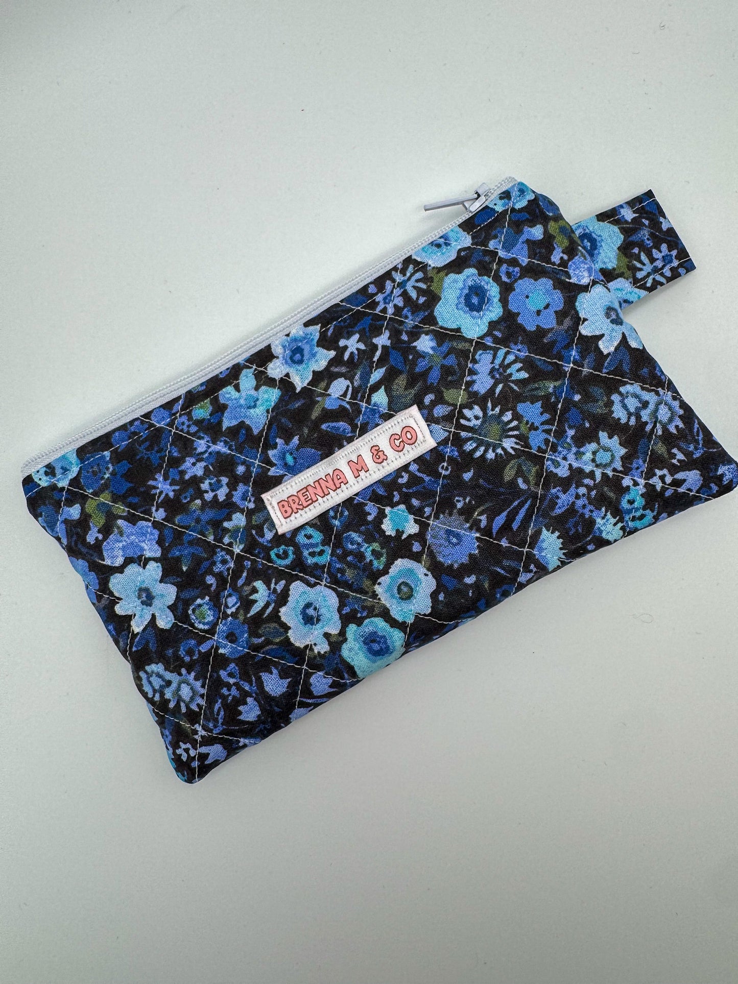Blue Floral Quilted Zipper Pouch