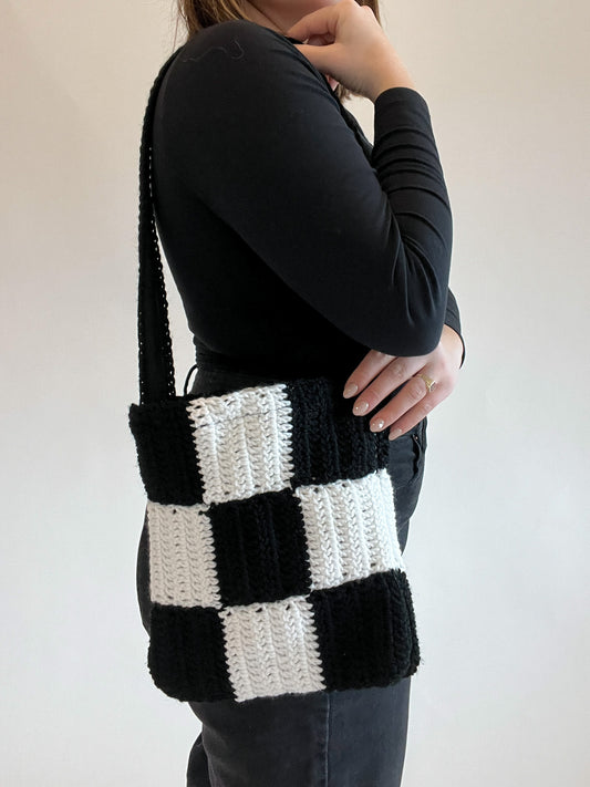 Black & White Checkered Crochet Bag