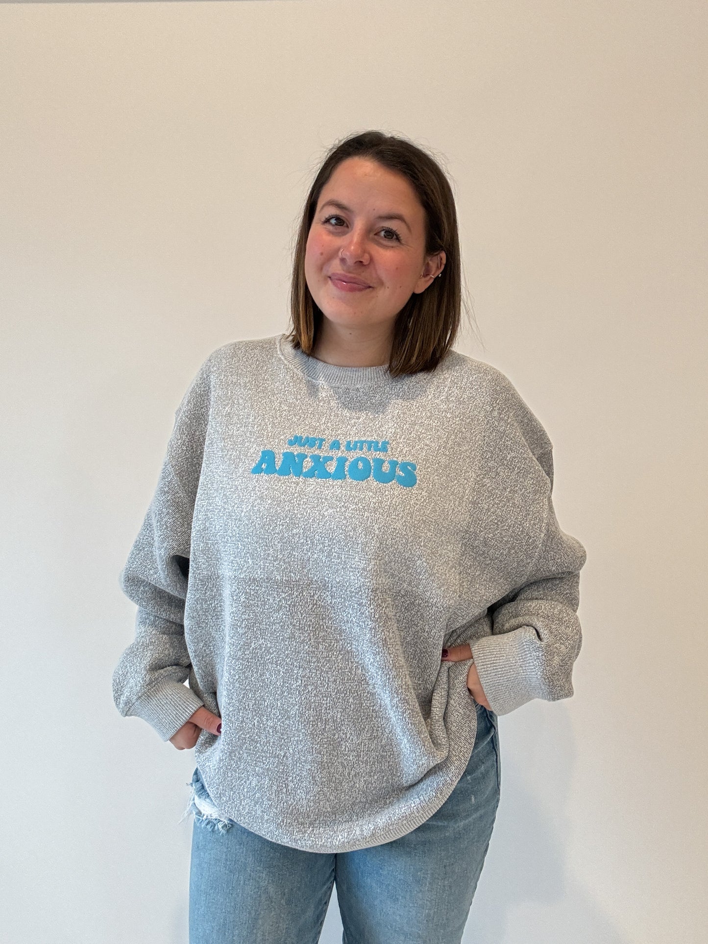 Just A Little Anxious Blue Puff Print Crewneck