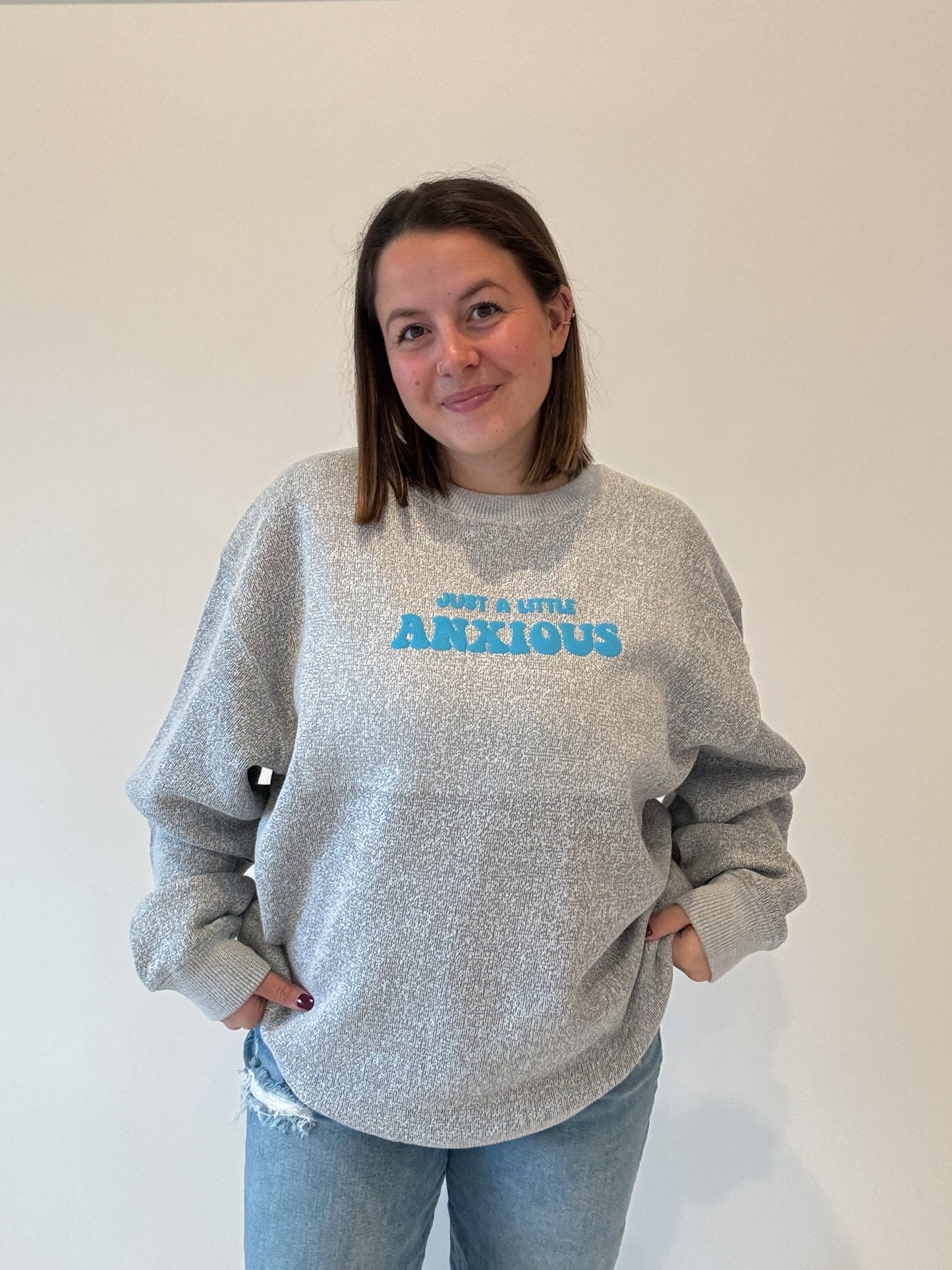 Just A Little Anxious Blue Puff Print Crewneck