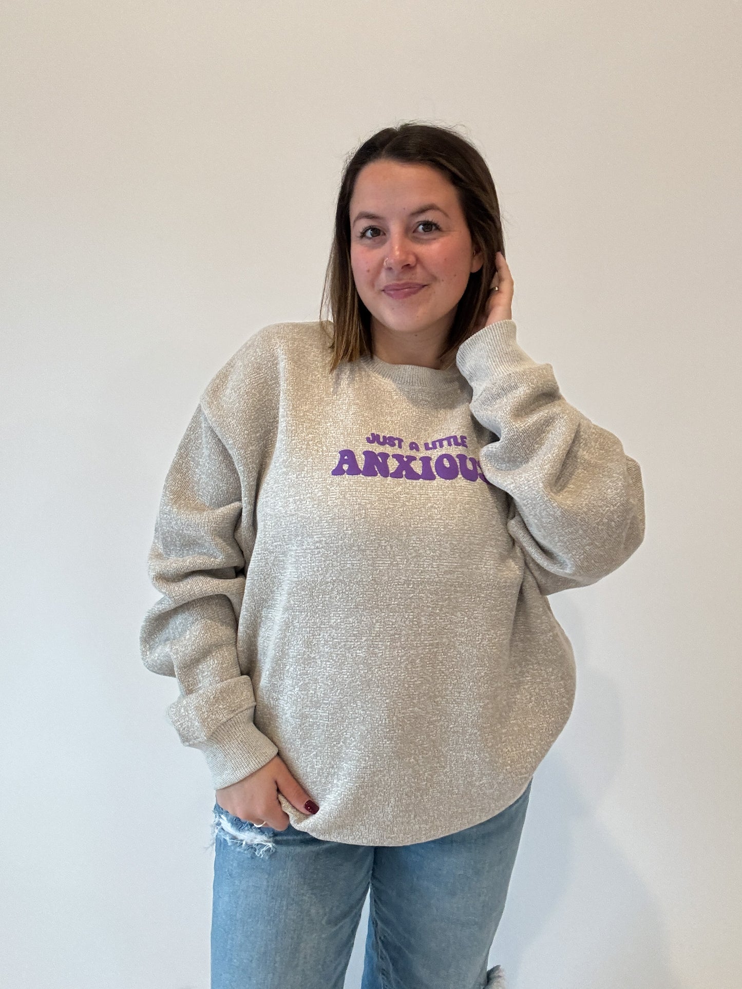 Just A Little Anxious Purple Puff Print Crewneck