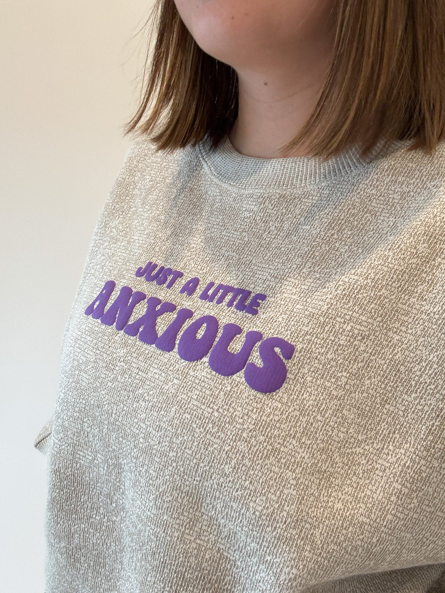 Just A Little Anxious Purple Puff Print Crewneck
