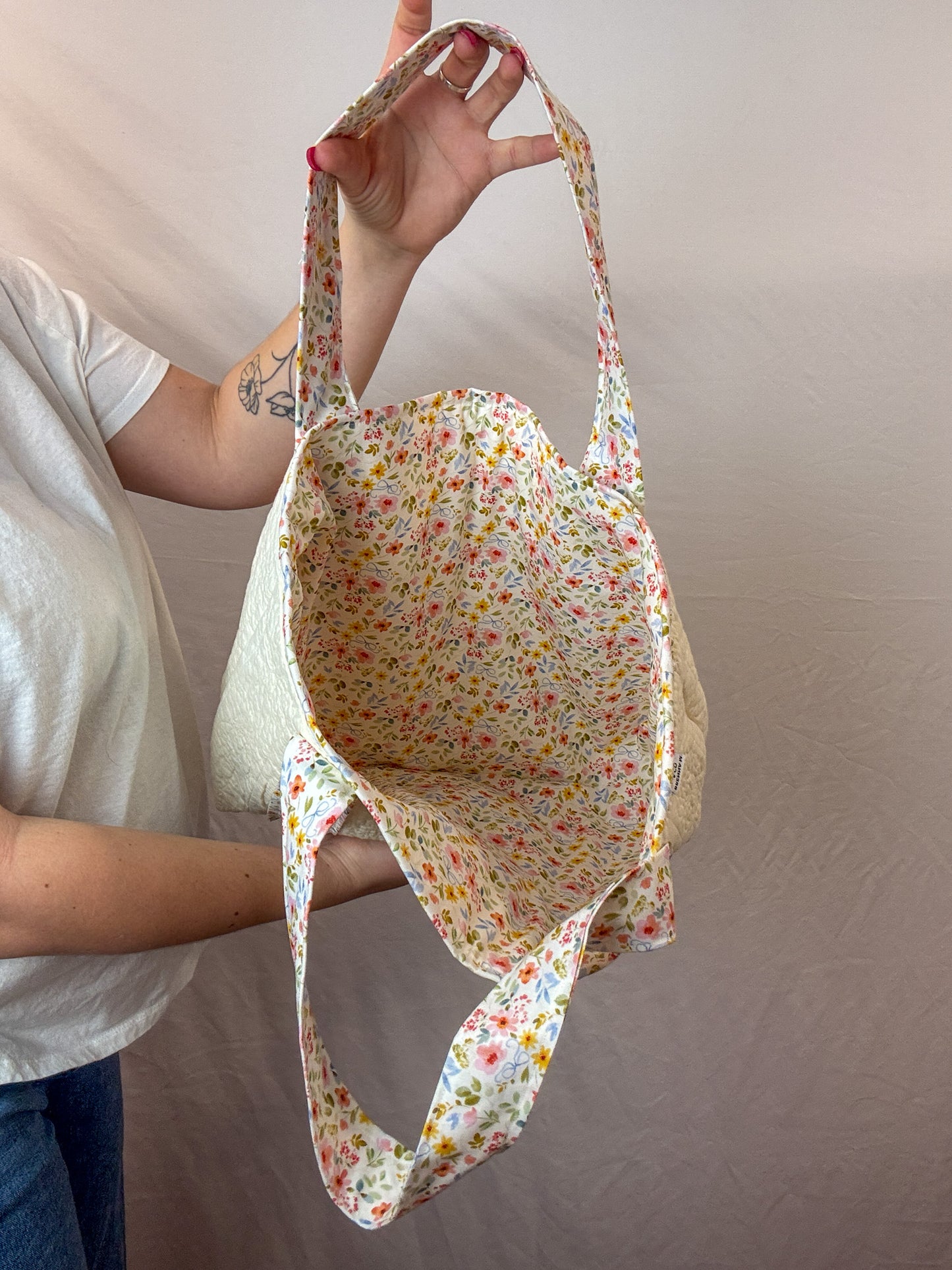 Floral Cream Upcycled Tote Bag