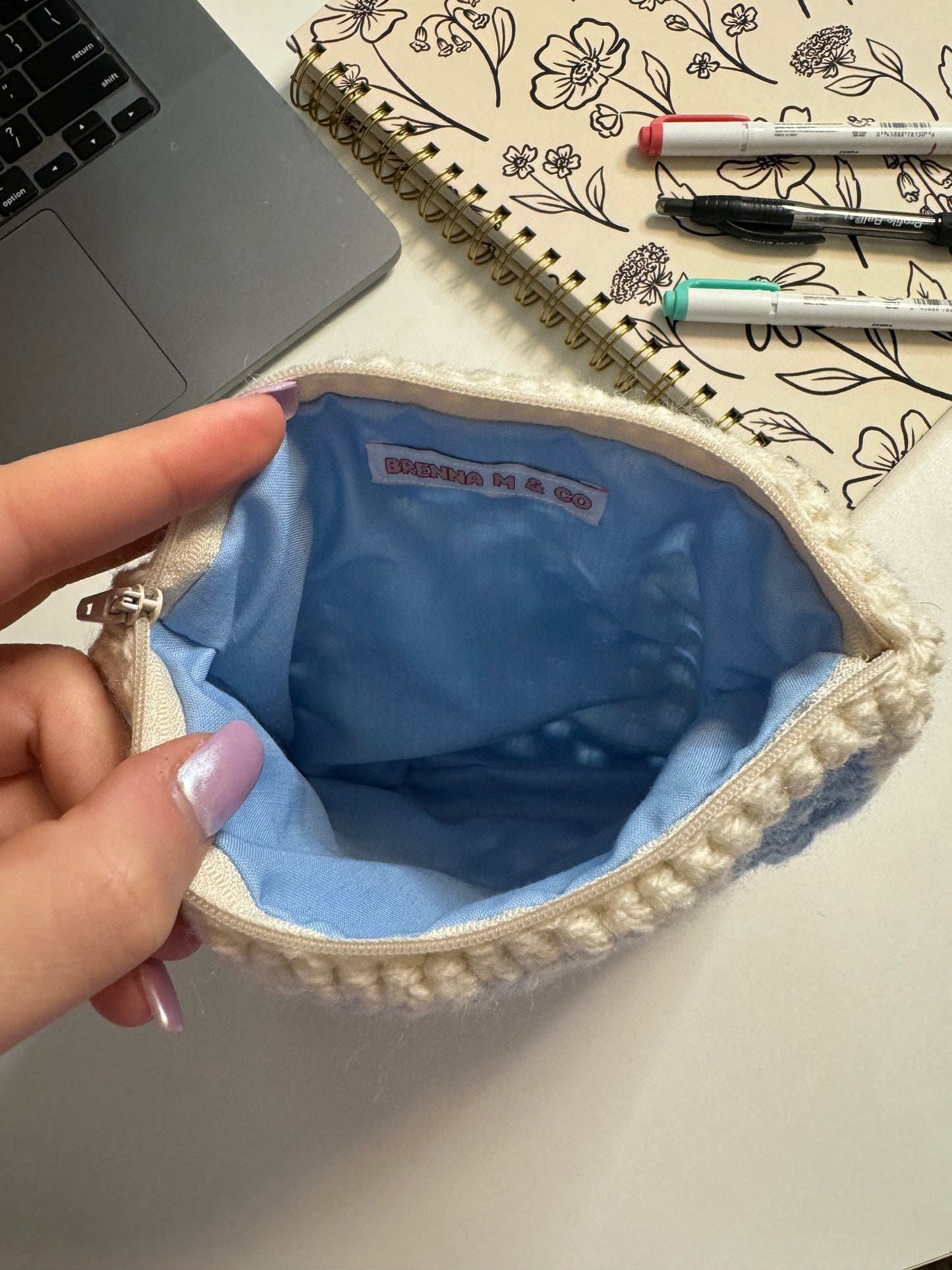 Cream & Blue Crochet Zipper Pouch