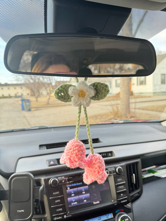 Crochet Pink Lily and Daisy Car Charm