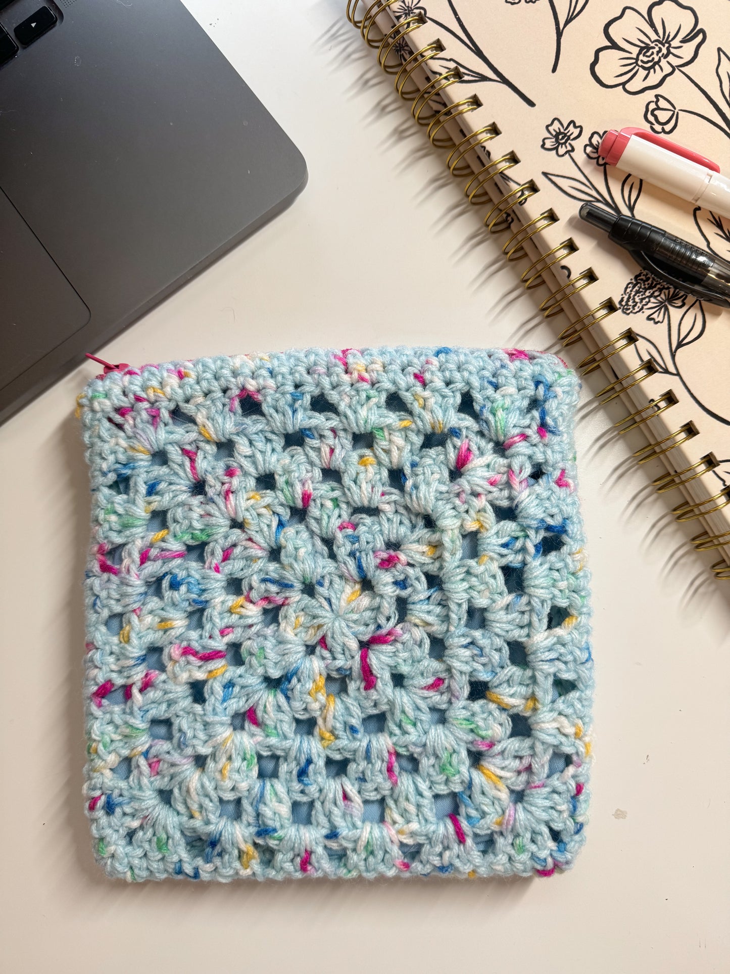 Blue Speckled Crochet Zipper Pouch