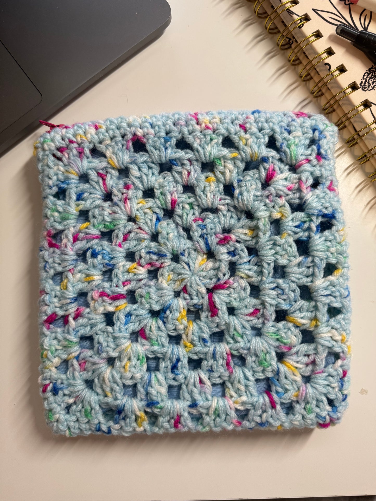 Blue Speckled Crochet Zipper Pouch