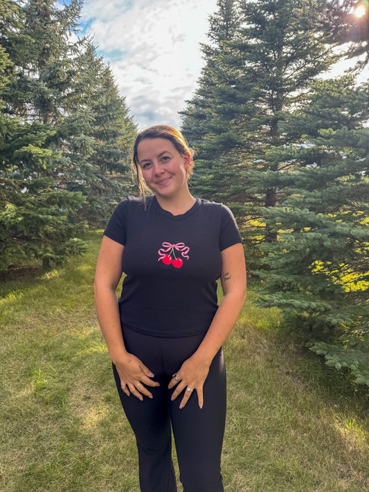 Cherry Bow Embroidered Black Tee