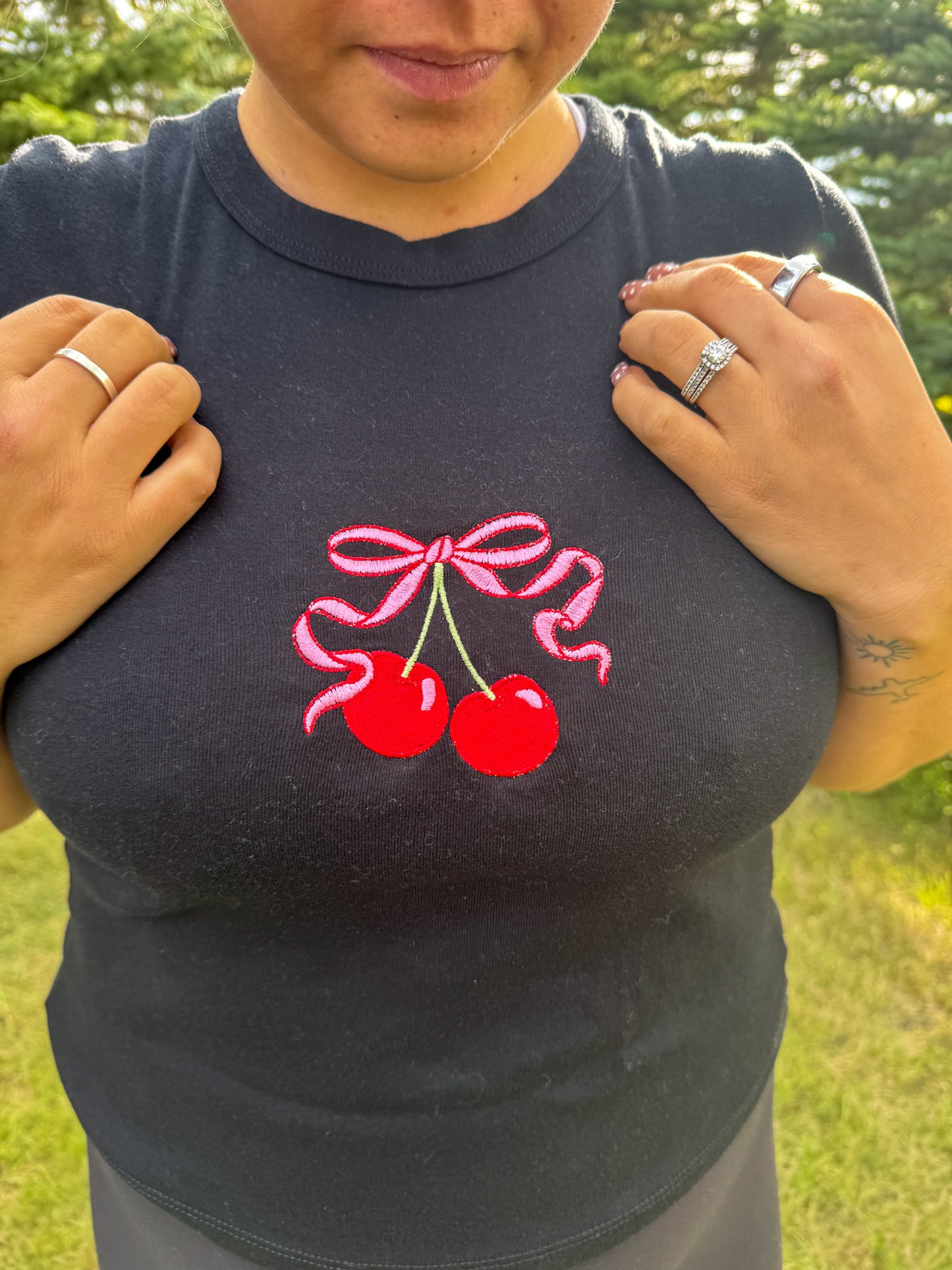 Cherry Bow Embroidered Black Tee