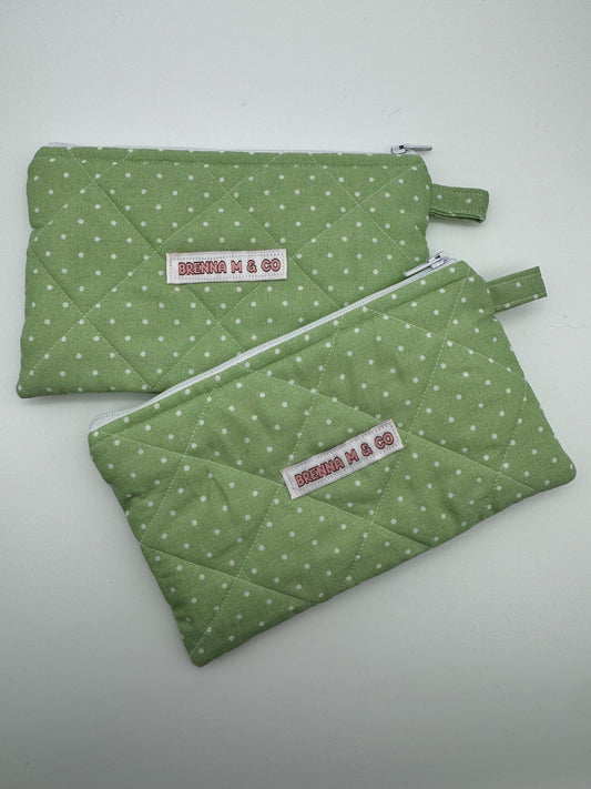 Green & White Polka Dot Quilted Zipper Pouch