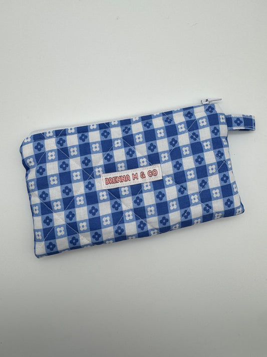 Daisy Blue Checkered Quilted Zipper Pouch