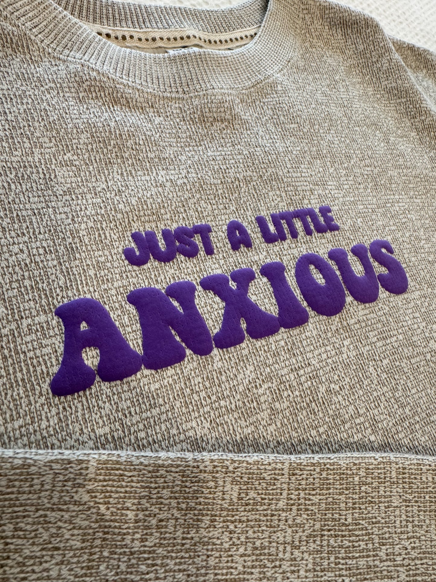 Just A Little Anxious Purple Puff Print Crewneck