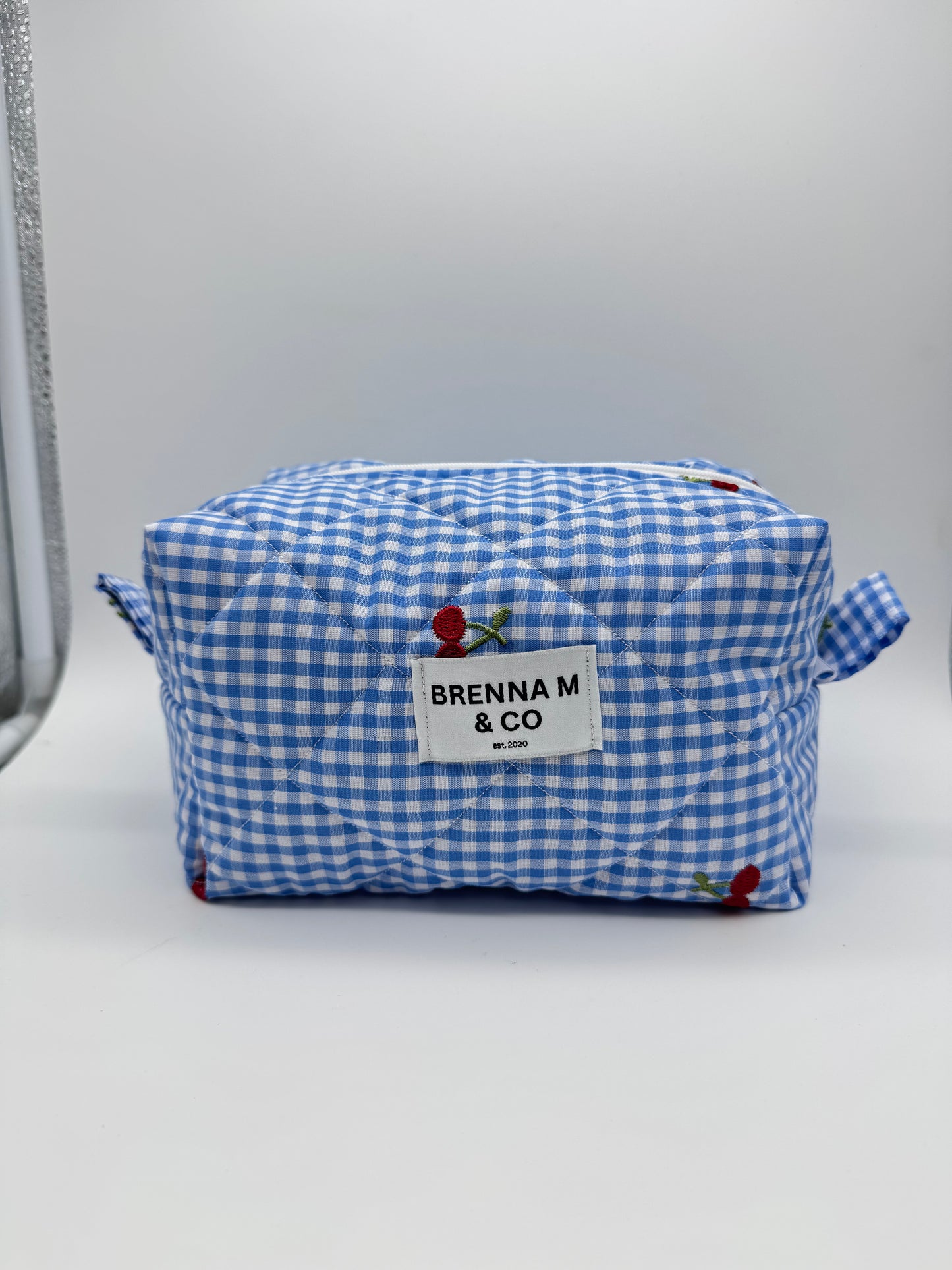 Blue Gingham Cherry Quilted Makeup Bag