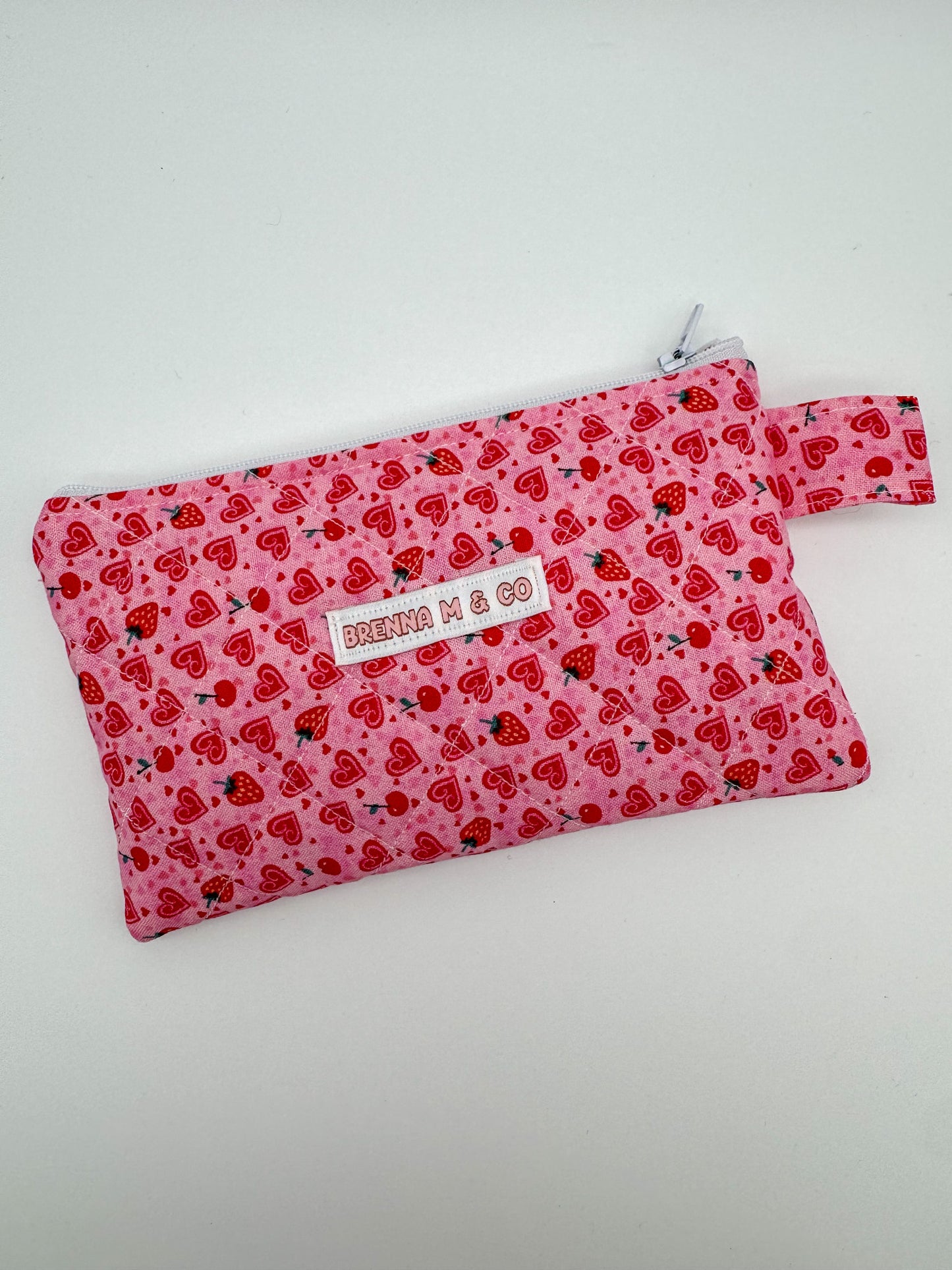 Mini Strawberries & Hearts Quilted Zipper Pouch