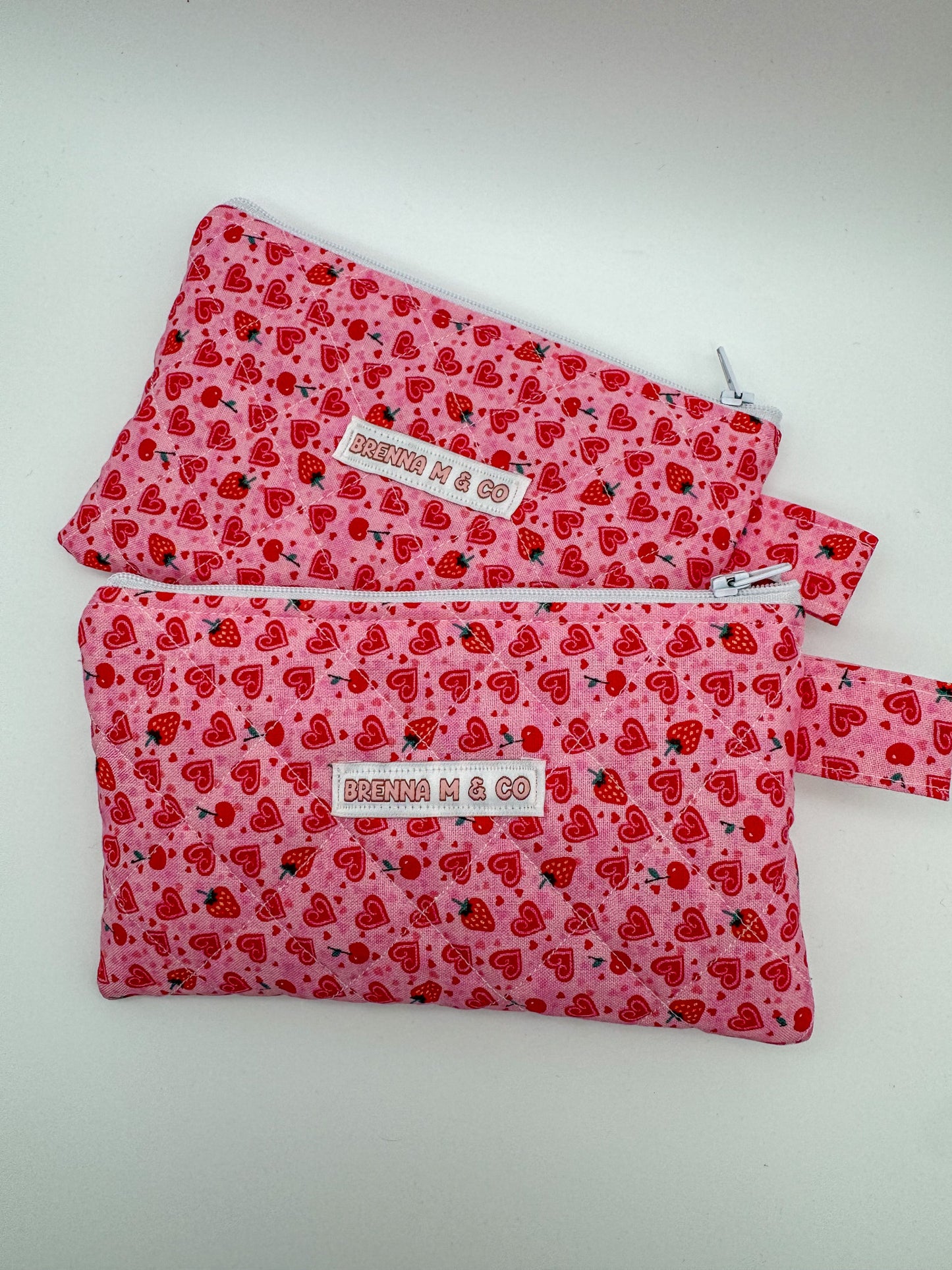 Mini Strawberries & Hearts Quilted Zipper Pouch