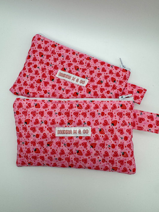 Strawberries & Hearts Quilted Zipper Pouch