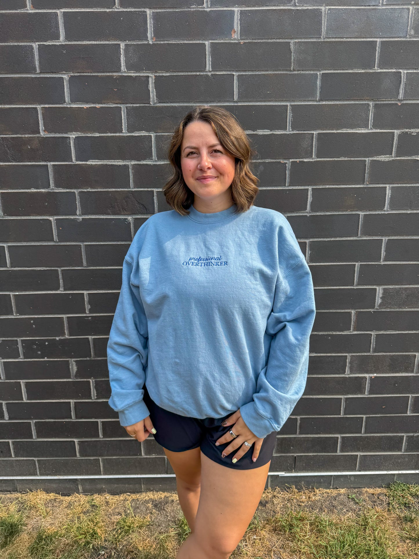 Professional Overthinker Embroidered Blue Midweight Crewneck
