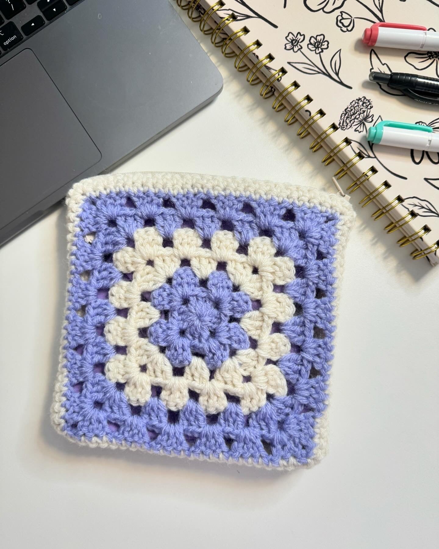 Purple & Cream Crochet Zipper Pouch