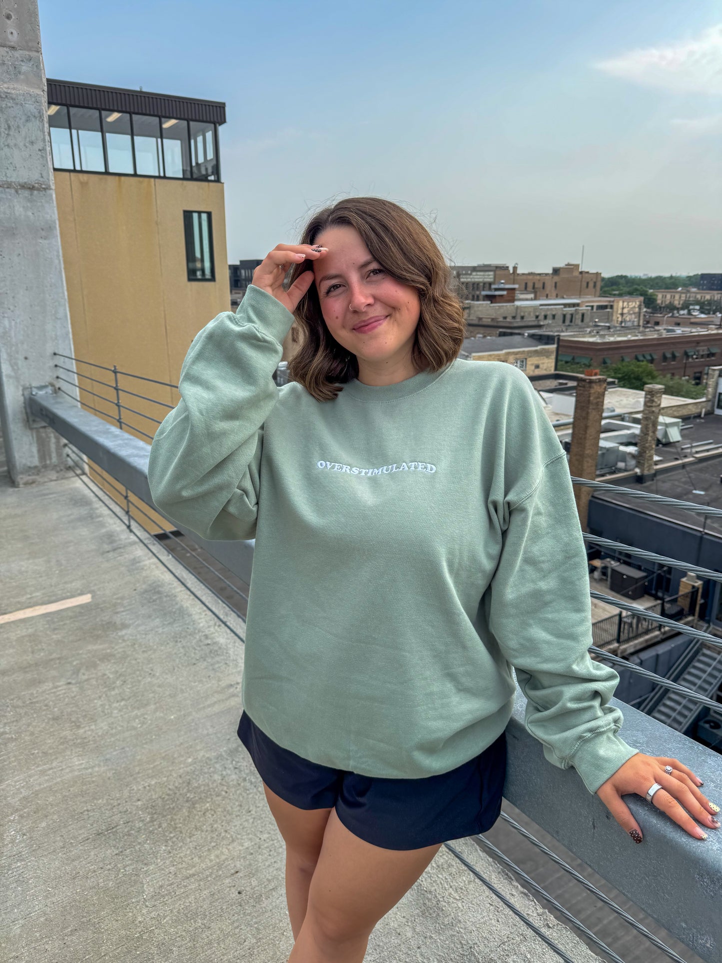 Overstimulated Embroidered Sage Midweight Crewneck