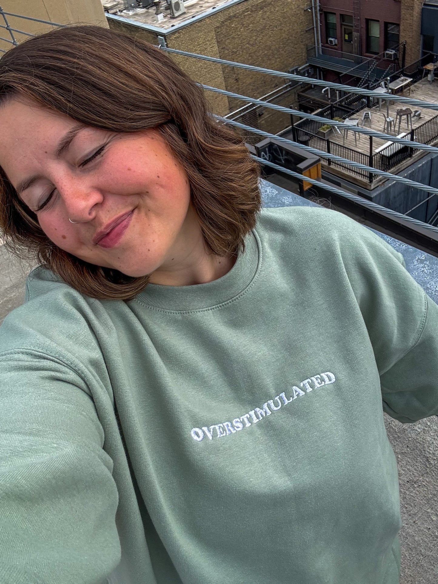Overstimulated Embroidered Sage Midweight Crewneck