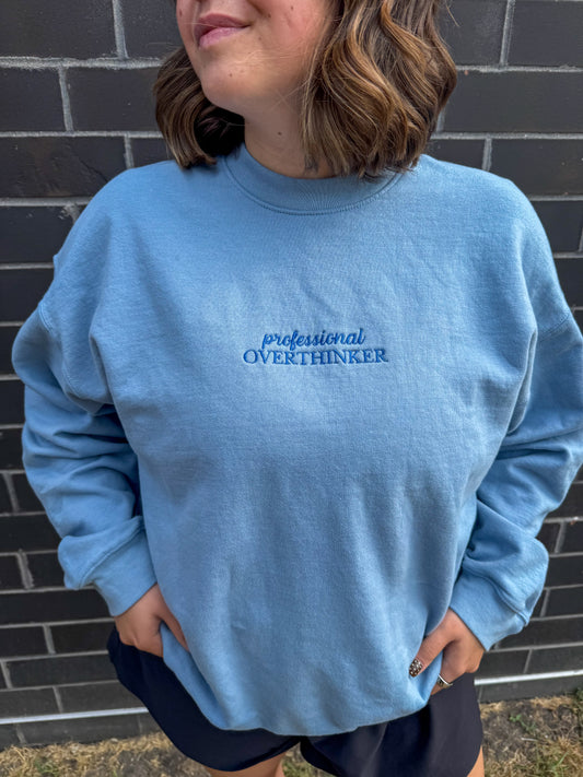 Professional Overthinker Embroidered Blue Midweight Crewneck