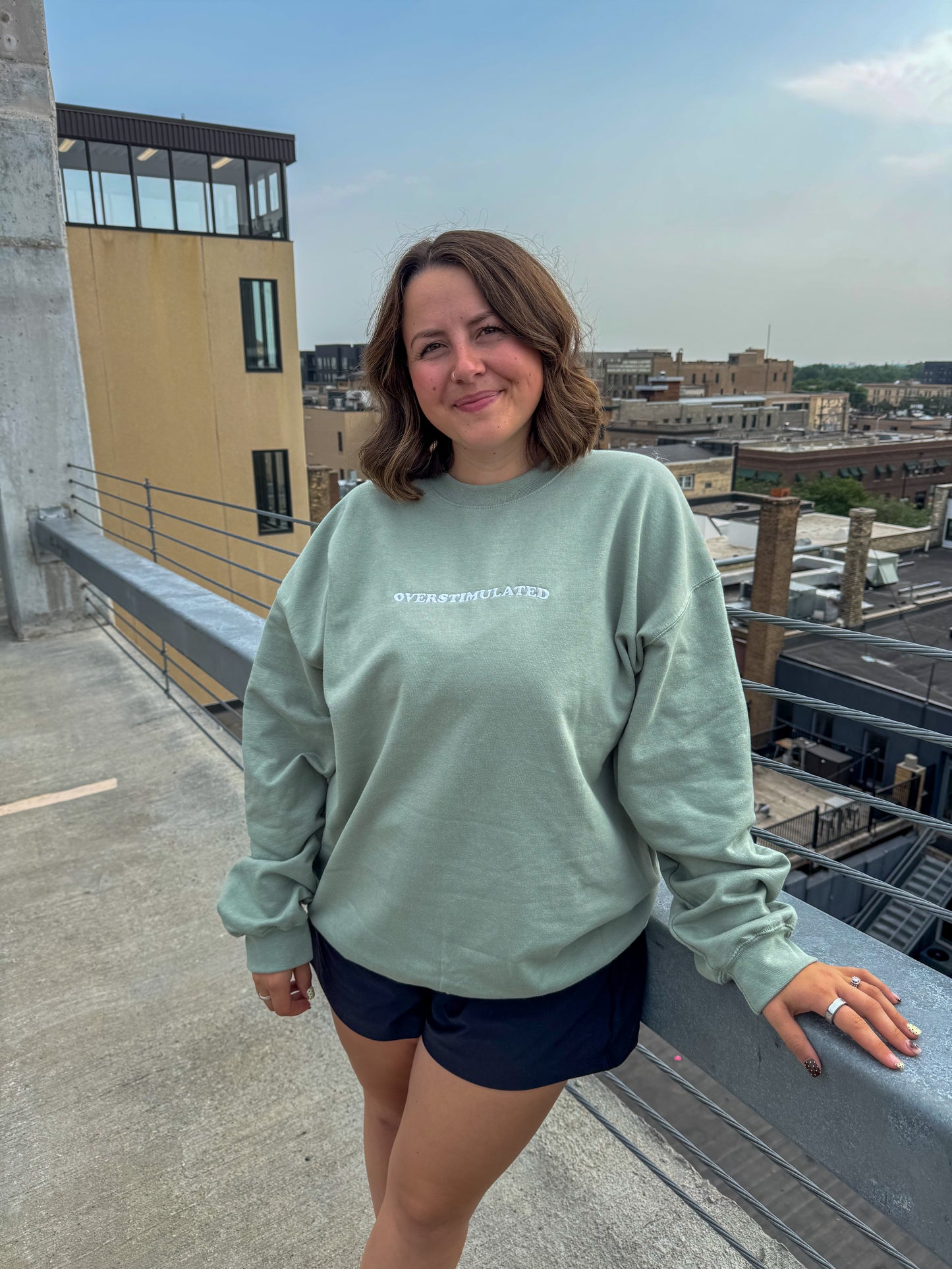 Overstimulated Embroidered Sage Midweight Crewneck