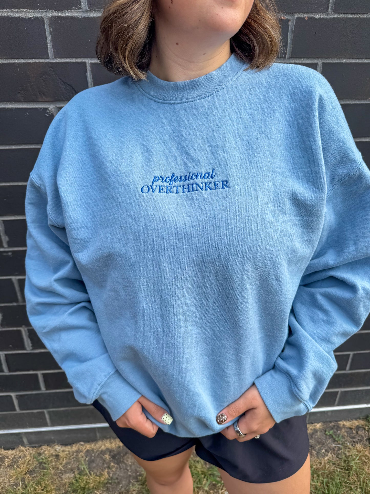 Professional Overthinker Embroidered Blue Midweight Crewneck