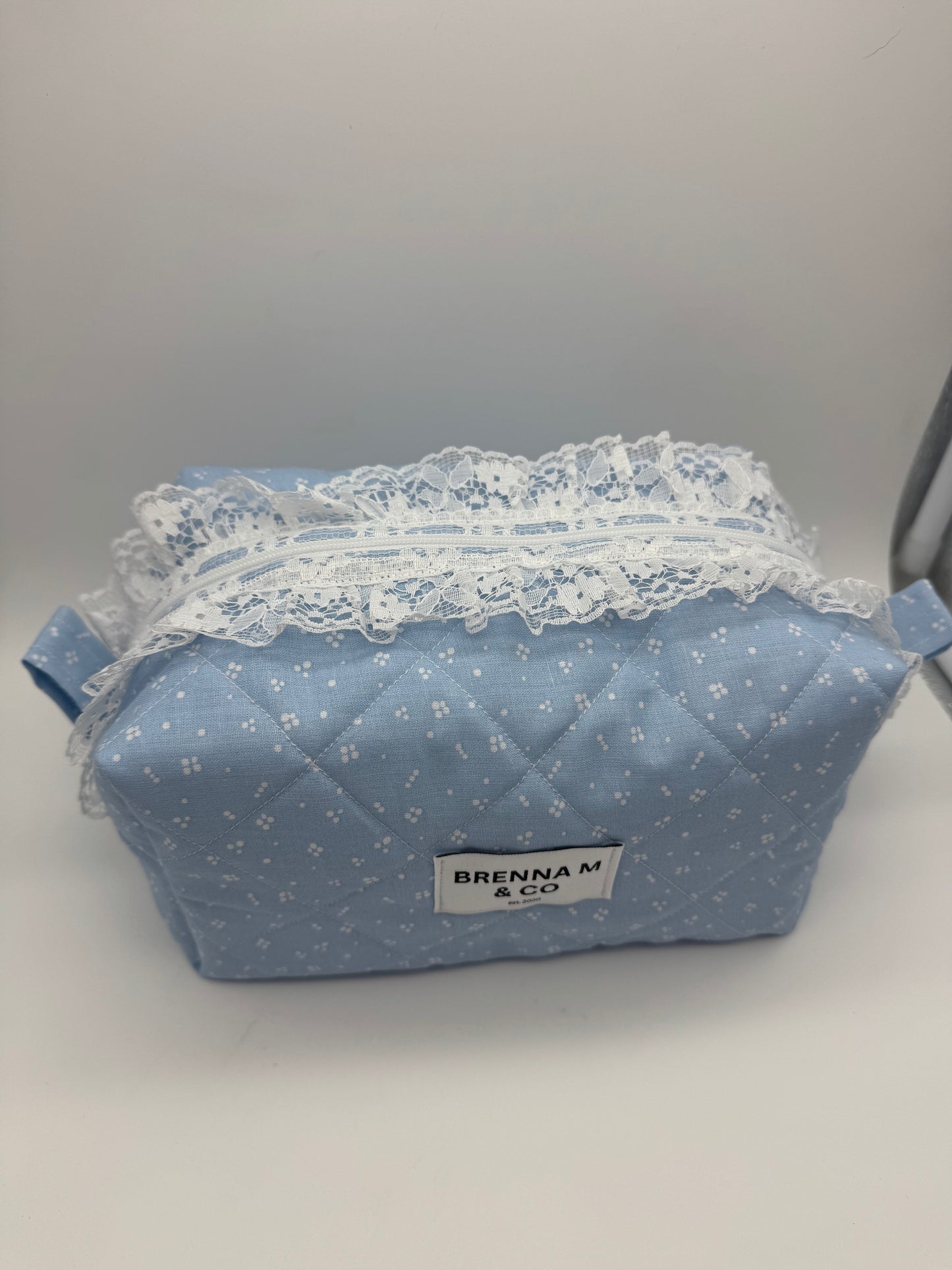 Blue White Dot Quilted Makeup Bag