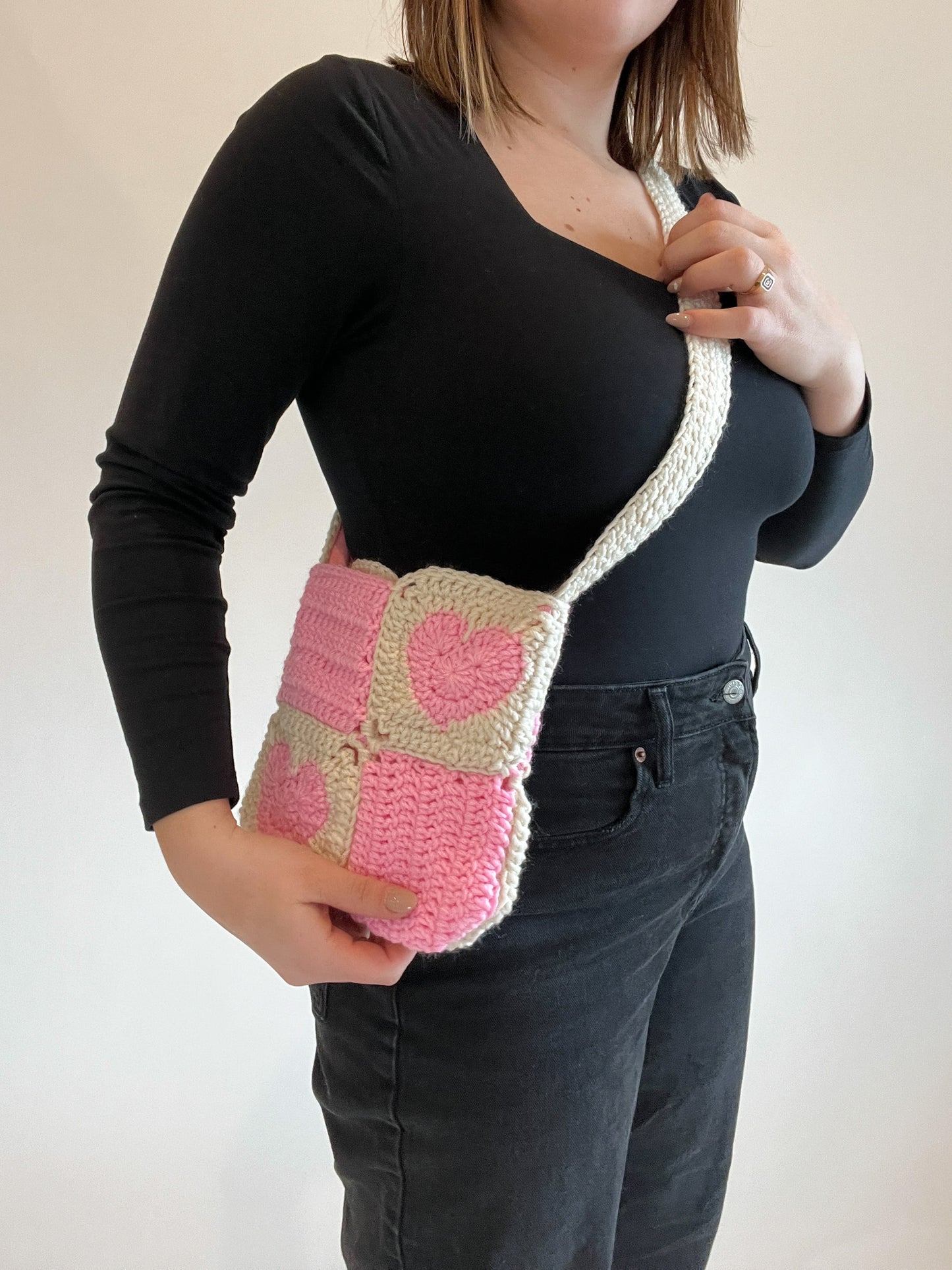 Mini Pink Heart Checkered Crochet Bag