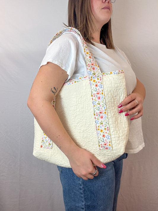 Floral Cream Upcycled Tote Bag
