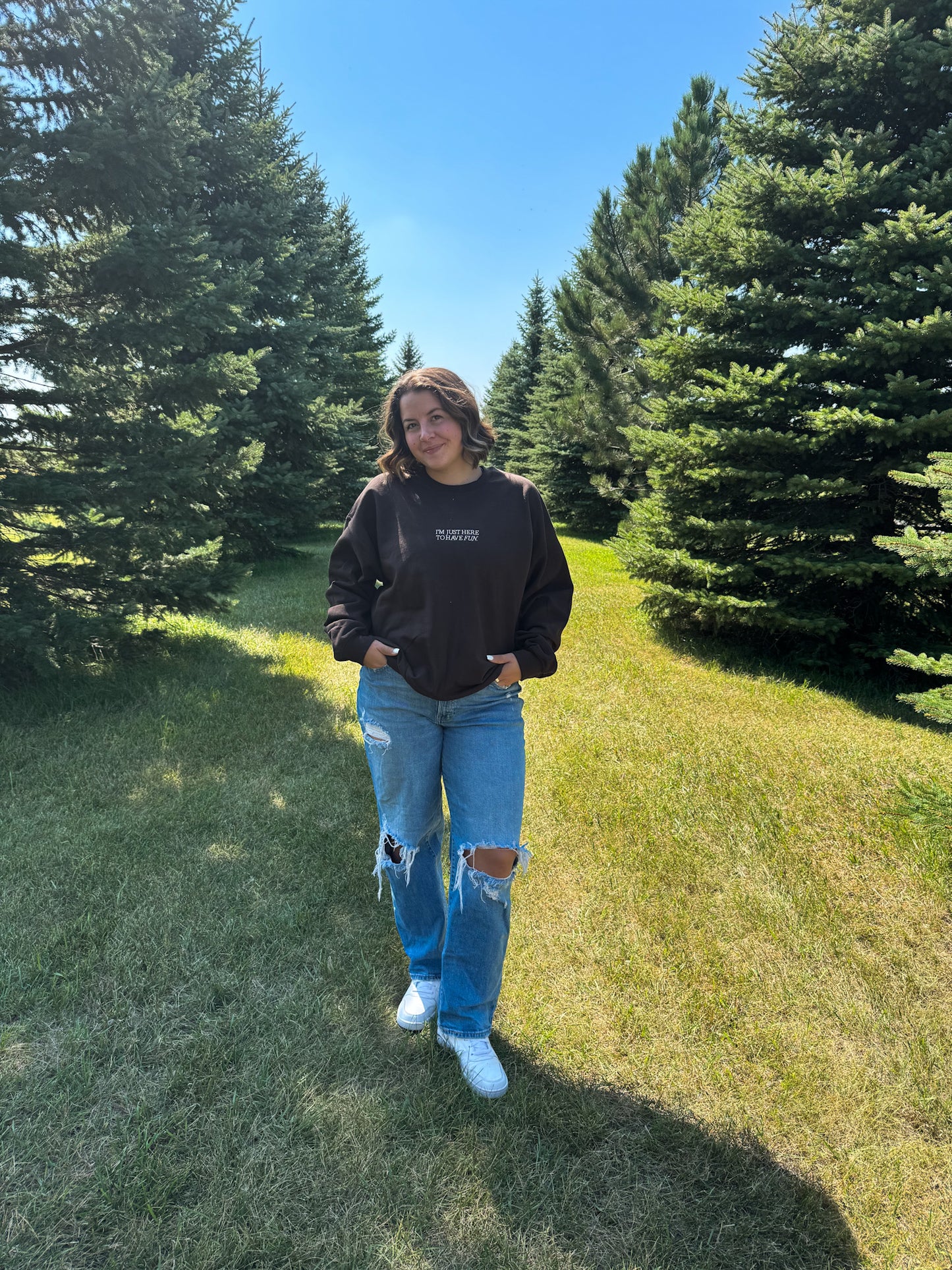 I'm Just Here To Have Fun Embroidered Crewneck
