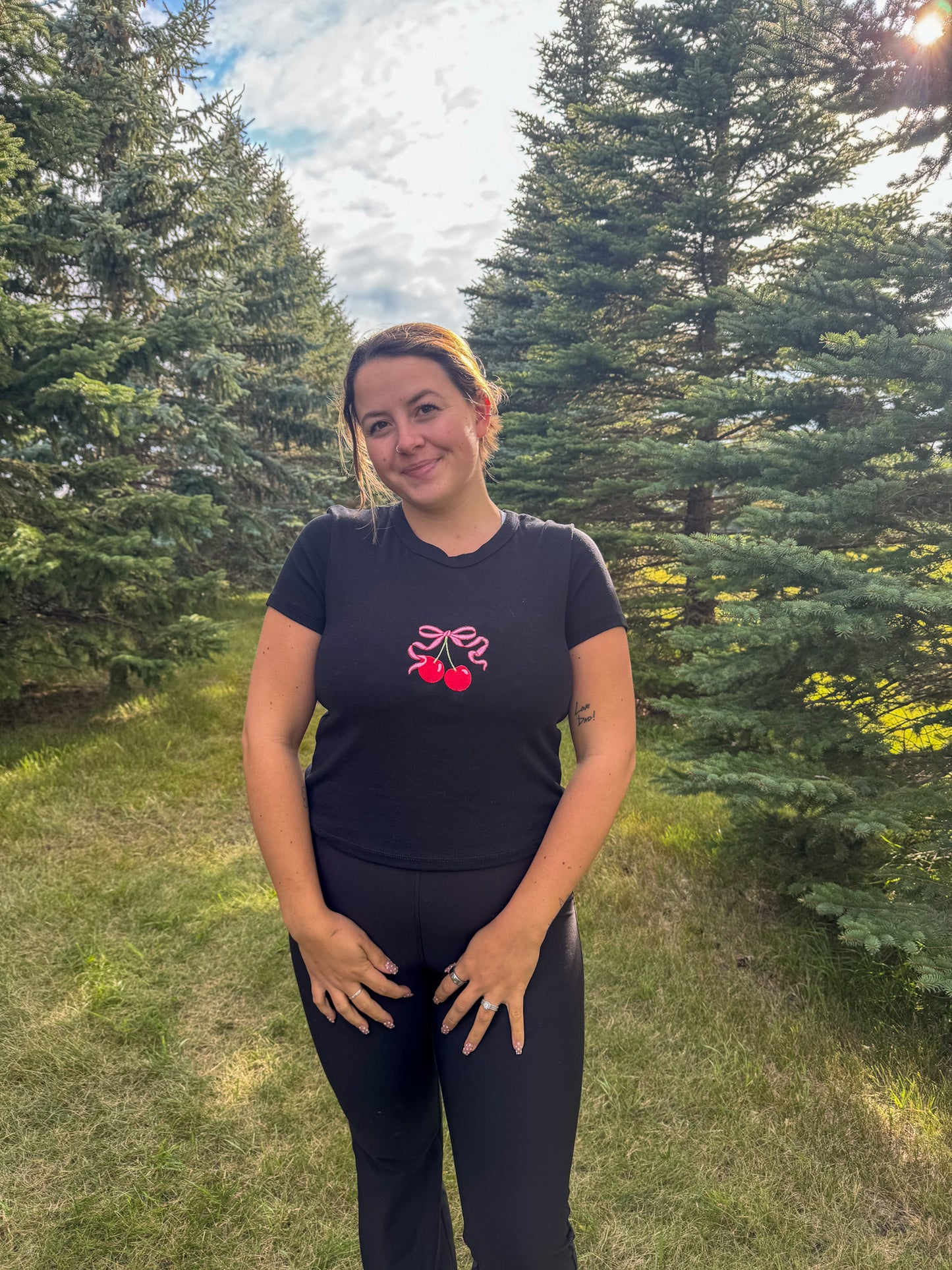 Cherry Bow Embroidered Black Tee