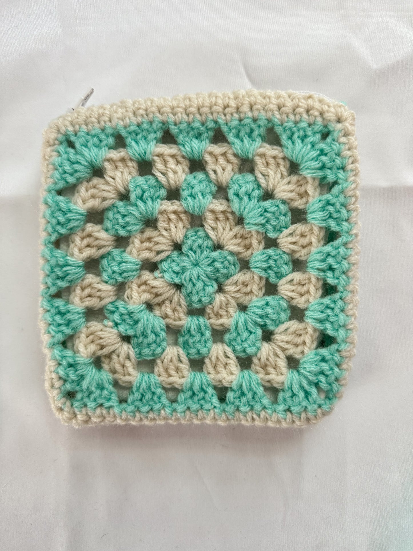 Teal & Cream Crochet Zipper Pouch Version 2