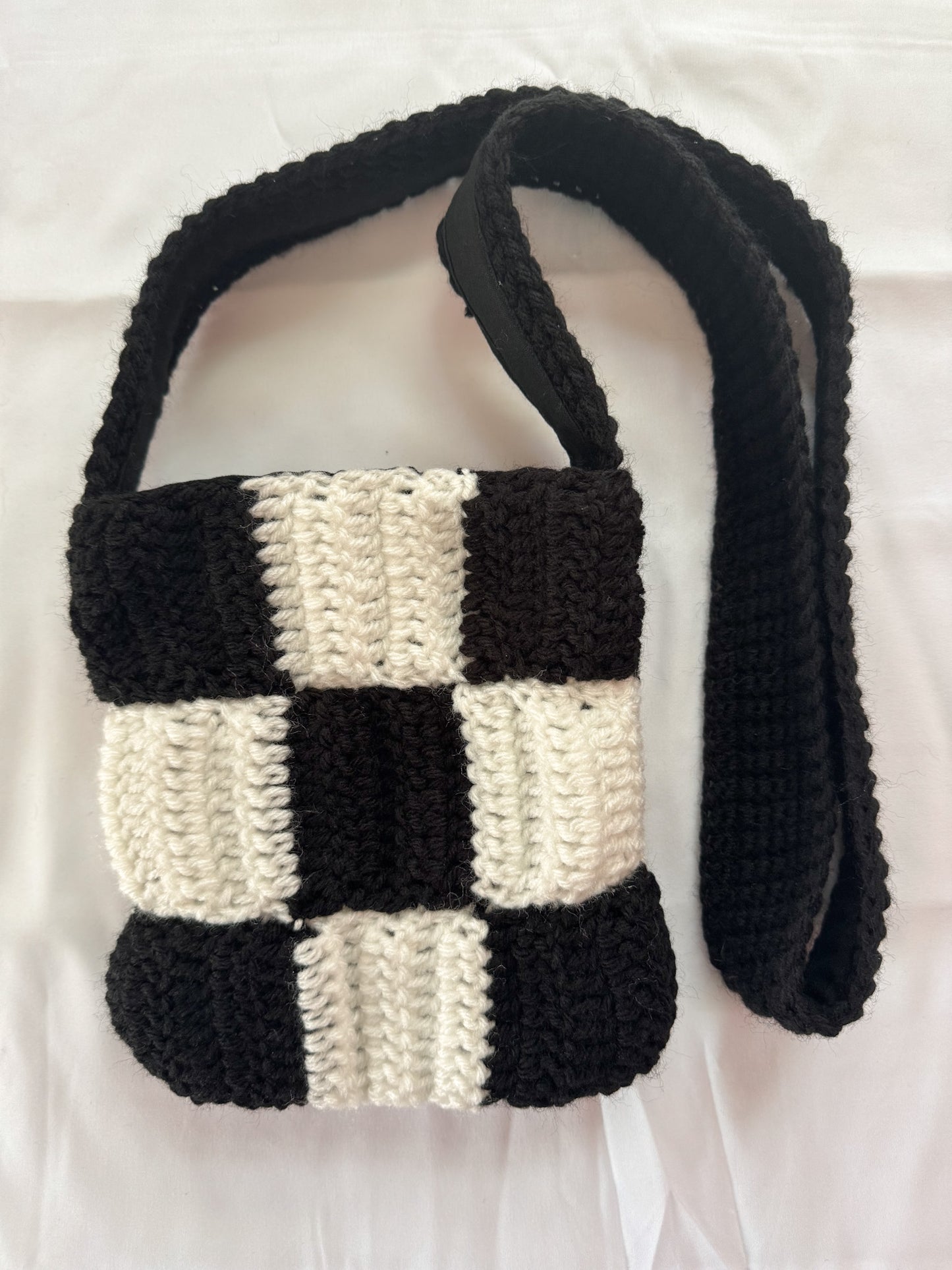 Mini Black & White Checkered Crochet Bag