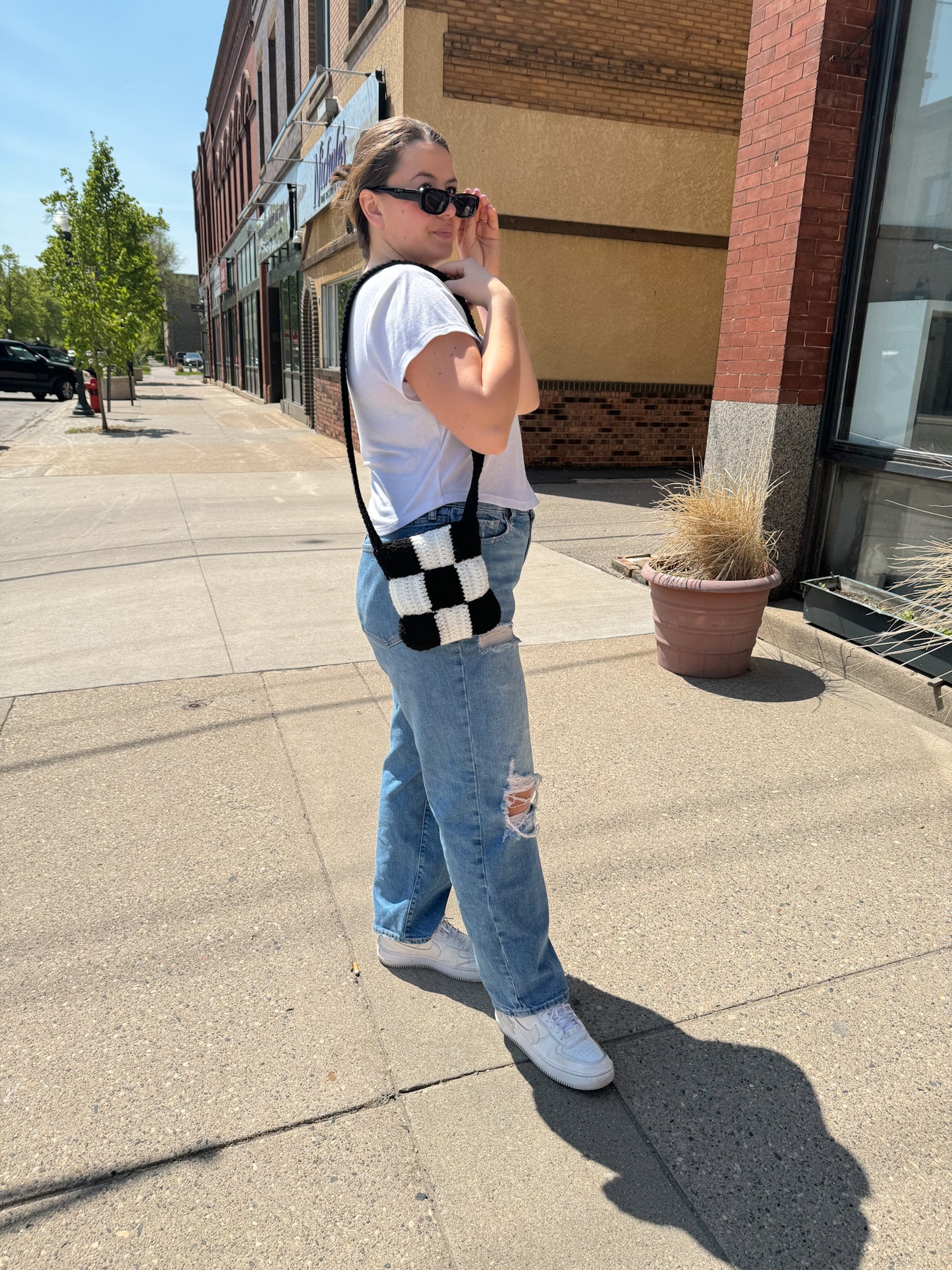 Mini Black & White Checkered Crochet Bag