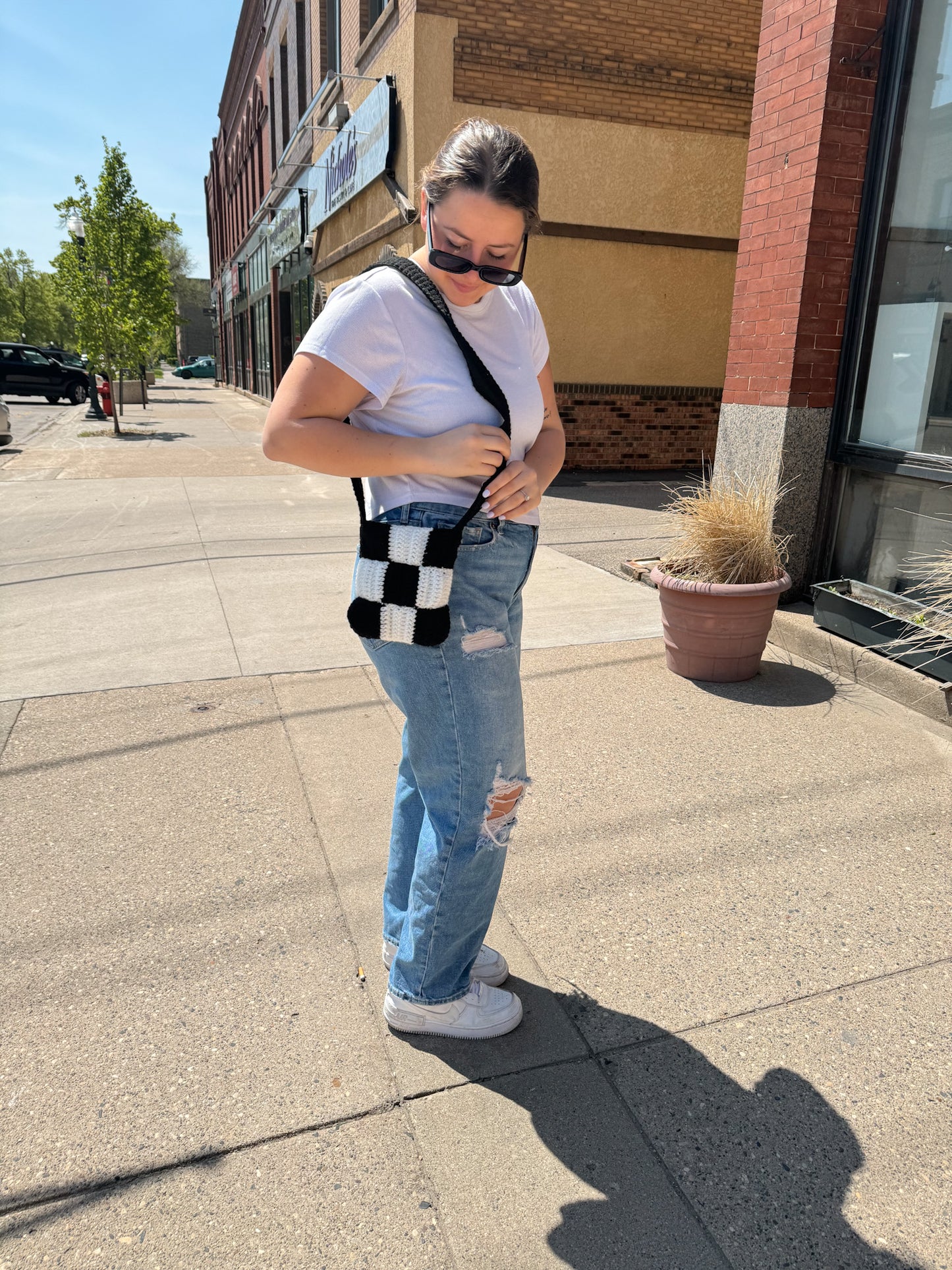 Mini Black & White Checkered Crochet Bag