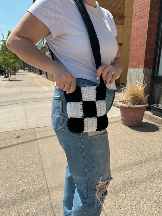 Mini Black & White Checkered Crochet Bag