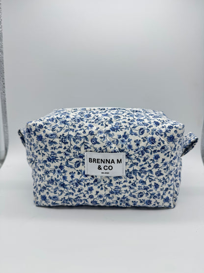 Delicate Blue Floral Quilted Makeup Bag