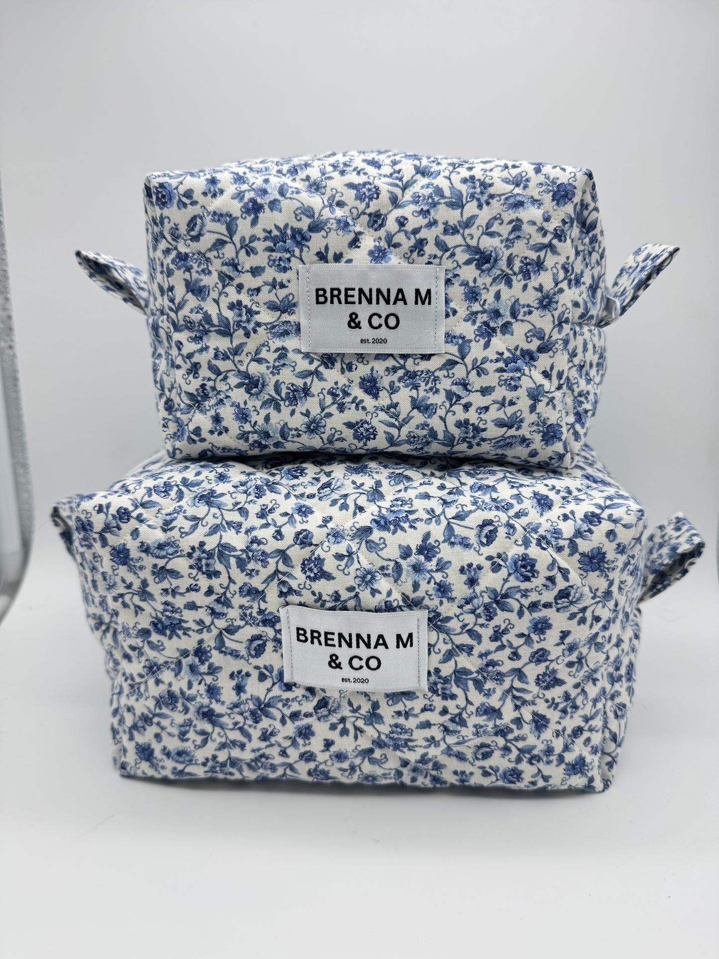 Delicate Blue Floral Quilted Makeup Bag