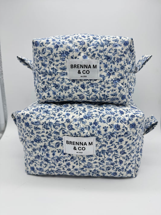 Delicate Blue Floral Quilted Makeup Bag