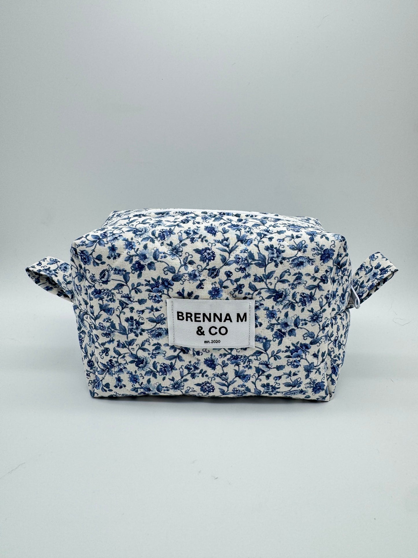 Delicate Blue Floral Quilted Makeup Bag