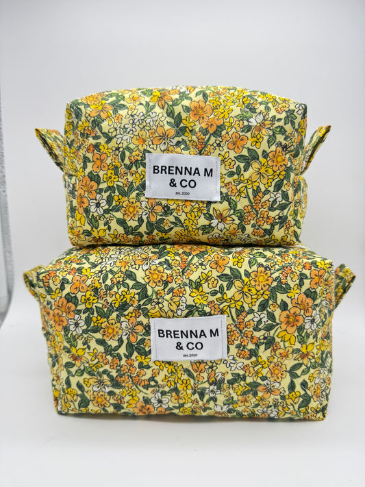 Golden Floral Quilted Makeup Bag