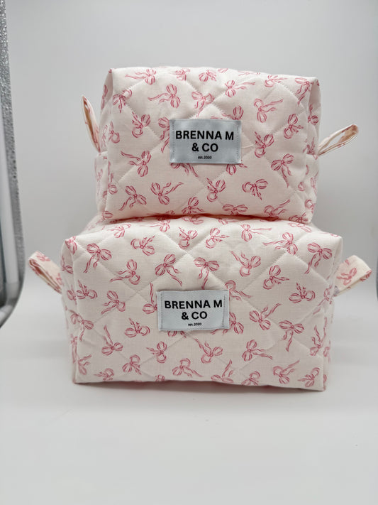 Pink Bow Quilted Makeup Bag