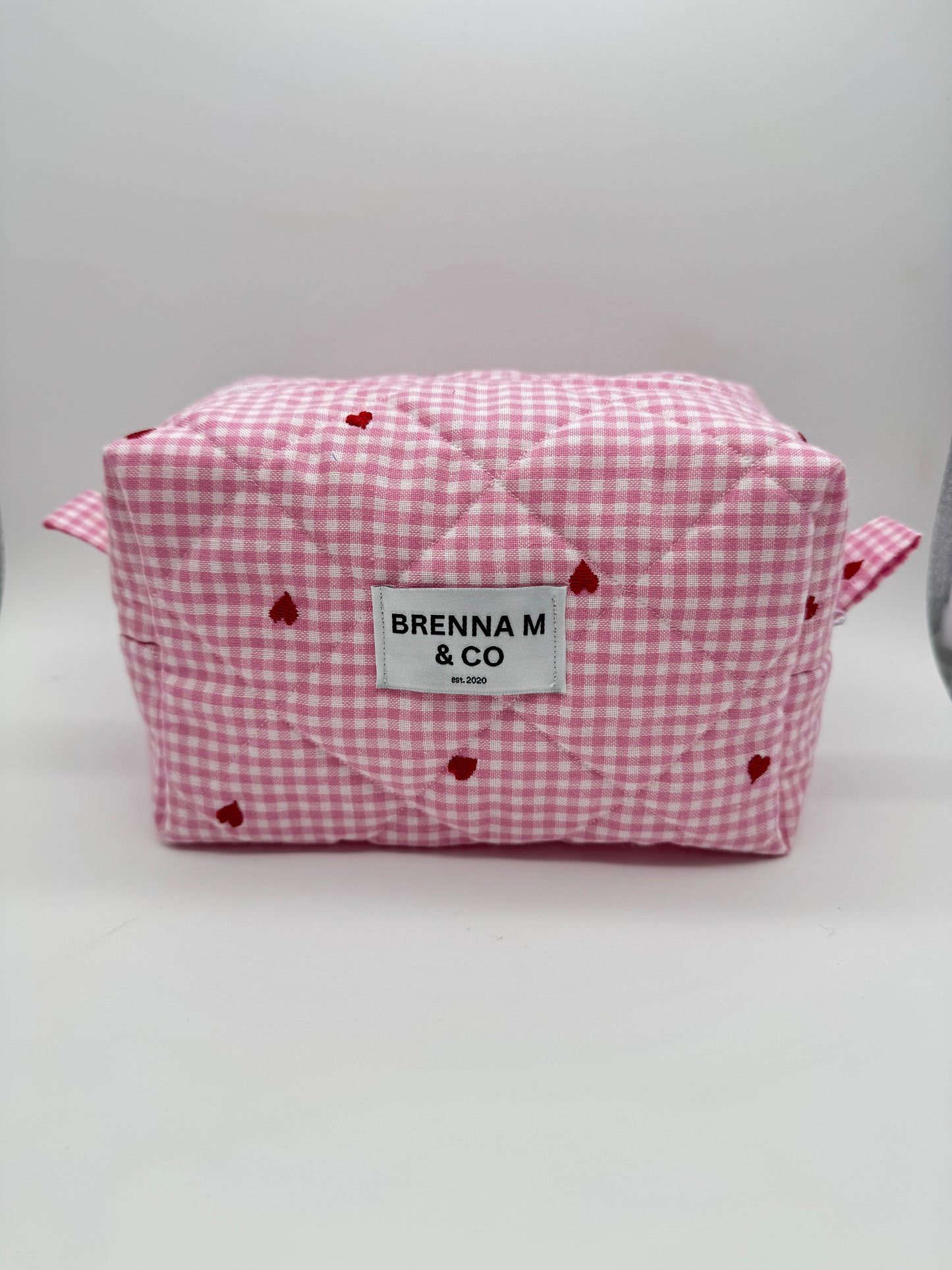 Pink Gingham Heart Quilted Makeup Bag