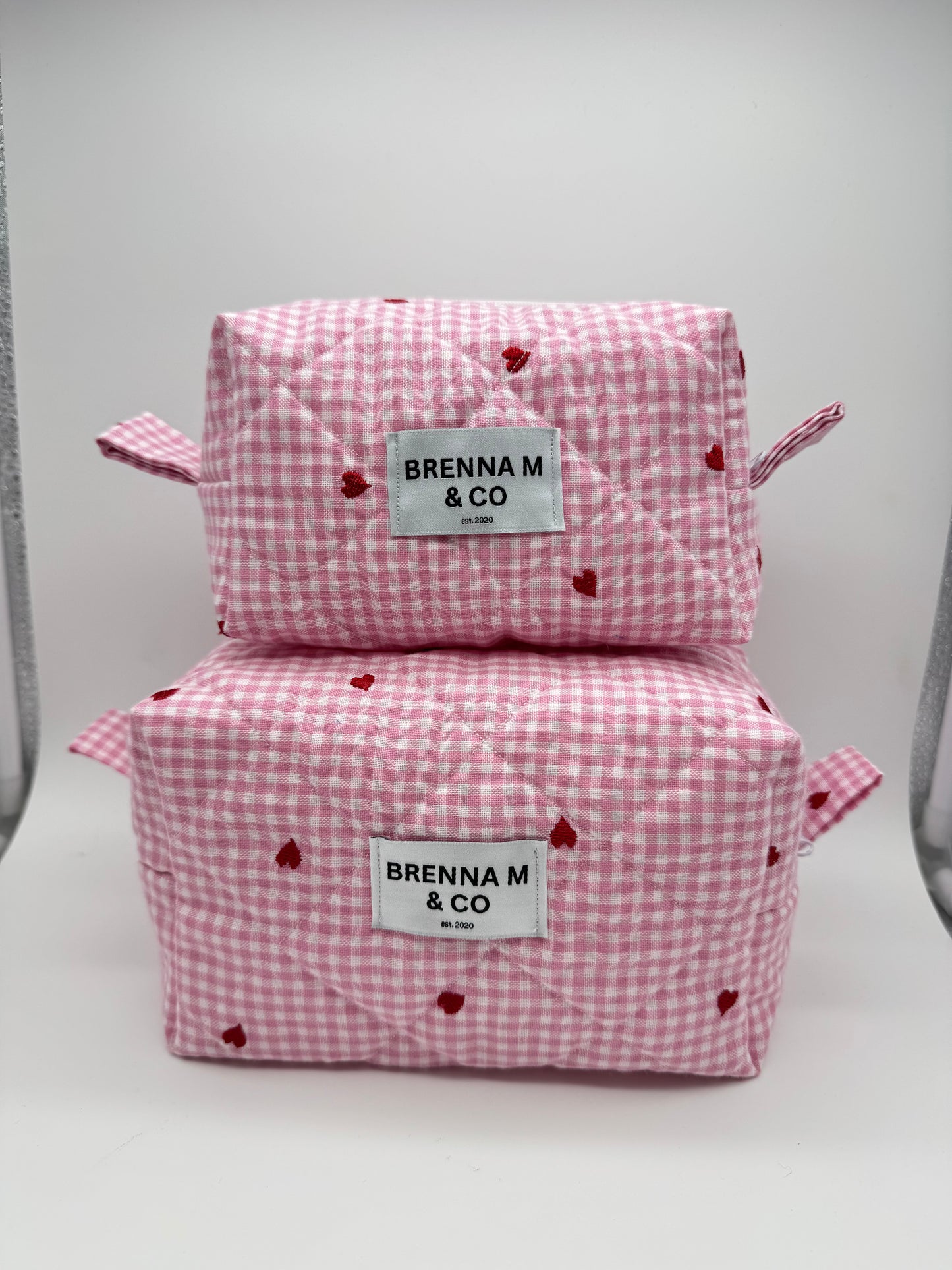 Pink Gingham Heart Quilted Makeup Bag