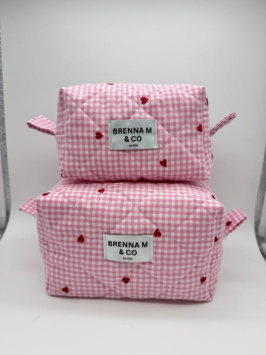 Pink Gingham Heart Quilted Makeup Bag
