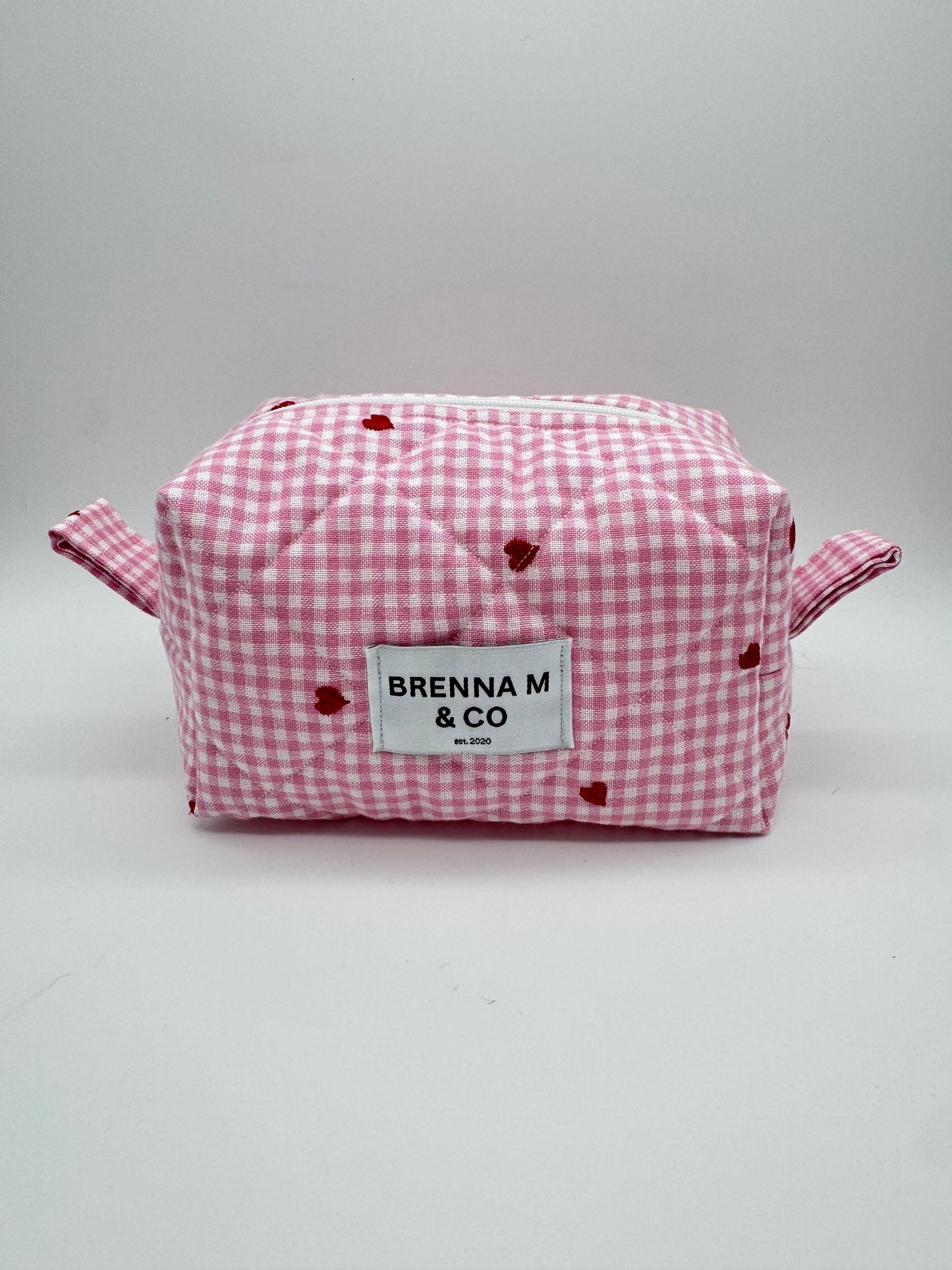 Pink Gingham Heart Quilted Makeup Bag