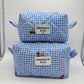 Blue Gingham Cherry Quilted Makeup Bag